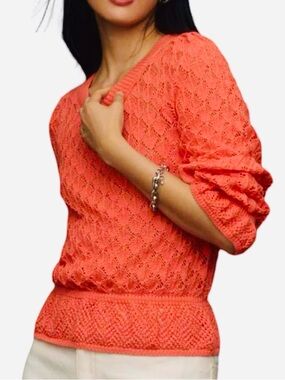 Anthropologie flounce-hem pointelle sweater tangerine orange Size Medium